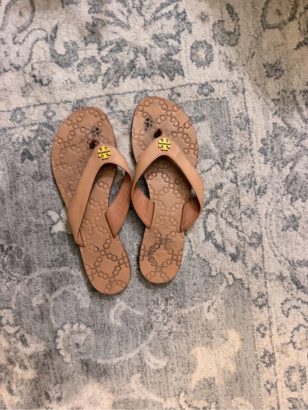 Tory Burch Tan Leather Logo-Embossed Flip Flop with Gold Emblem